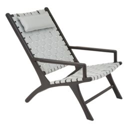 Orsina Grey Cow Leather Woven Chair, Sleek Teak Wood Lounge Accent Chair With Head Cushion, Grey Lattice Armchair - thumbnail 2