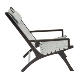 Orsina Grey Cow Leather Woven Chair, Sleek Teak Wood Lounge Accent Chair With Head Cushion, Grey Lattice Armchair - thumbnail 3