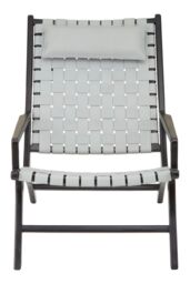 Orsina Grey Cow Leather Woven Chair, Sleek Teak Wood Lounge Accent Chair With Head Cushion, Grey Lattice Armchair - thumbnail 1