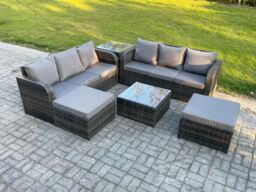 Fimous 8 Seater Outdoor Rattan Garden Furniture Set Conservatory Patio Sofa Coffee Table With 2 Big Footstool Side Table Dark Grey Mixed - thumbnail 2