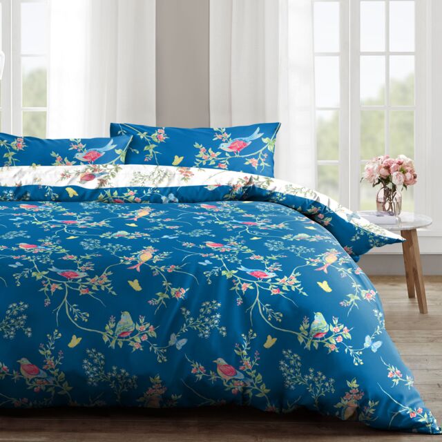 Velosso Birds Floral Cotton Rich Printed Duvet Cover & Pillowcase in Navy - Size: Single - image 1