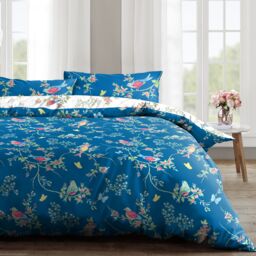 Velosso Birds Floral Cotton Rich Printed Duvet Cover & Pillowcase in Navy - Size: Single