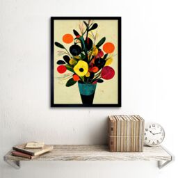 "Artery8 Wall Art Print Bright Autumnal Flower Bouquet Vase Midcentury Style Painting Abstract Yellow Orange Red Teal Art Framed - Size: W12"" x H16""" - thumbnail 2