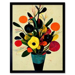 "Artery8 Wall Art Print Bright Autumnal Flower Bouquet Vase Midcentury Style Painting Abstract Yellow Orange Red Teal Art Framed - Size: W12"" x H16""" - thumbnail 1