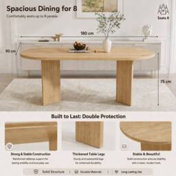 Rolipo Modern Oval Oak Wood Finish Dining Table for 6-8 People, 180x90cm in Brown - Size: 180x90 cm - thumbnail 7