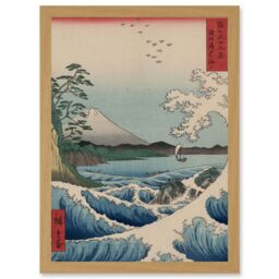Artery8 Utagawa Hiroshige Japan Sea Off-Satta Iconic A4 Artwork Framed Wall Art Print in Light Oak - thumbnail 1