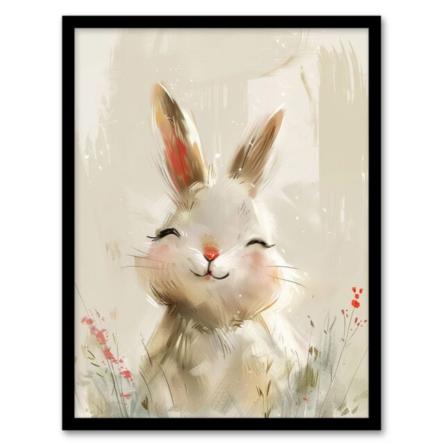 "Artery8 Cute Smiling Bunny Rabbit Happy Baby Animal Framed Art Print in Beige - Size: W12"" x H16""" - image 1