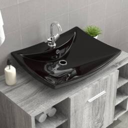 Berkfield Home Black Luxury Ceramic Basin Rectangular with Overflow & Faucet Hole - thumbnail 2