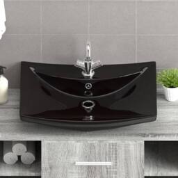 Berkfield Home Black Luxury Ceramic Basin Rectangular with Overflow & Faucet Hole - thumbnail 7