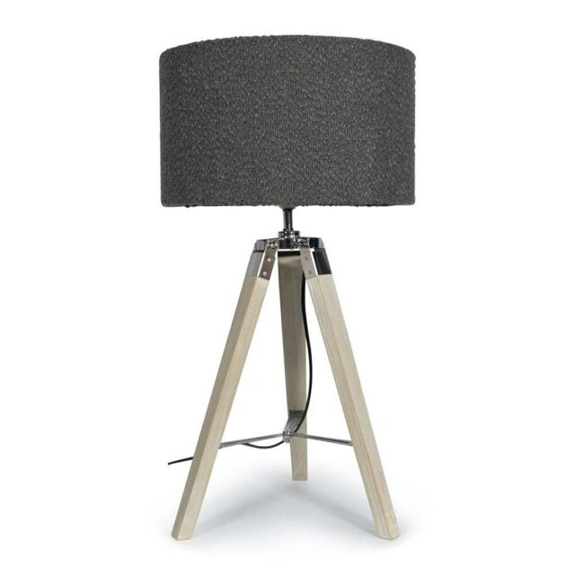 ValueLights Clipper Light Wood Tripod Table Lamp Light with Boucle Shade in Charcoal - Size: 35 cm diameter x 21 cm high