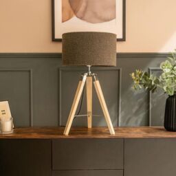 ValueLights Clipper Light Wood Tripod Table Lamp Light with Boucle Shade in Charcoal - Size: 35 cm diameter x 21 cm high - thumbnail 3