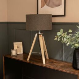 ValueLights Clipper Light Wood Tripod Table Lamp Light with Boucle Shade in Charcoal - Size: 35 cm diameter x 21 cm high - thumbnail 4