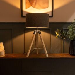 ValueLights Clipper Light Wood Tripod Table Lamp Light with Boucle Shade in Charcoal - Size: 35 cm diameter x 21 cm high - thumbnail 5