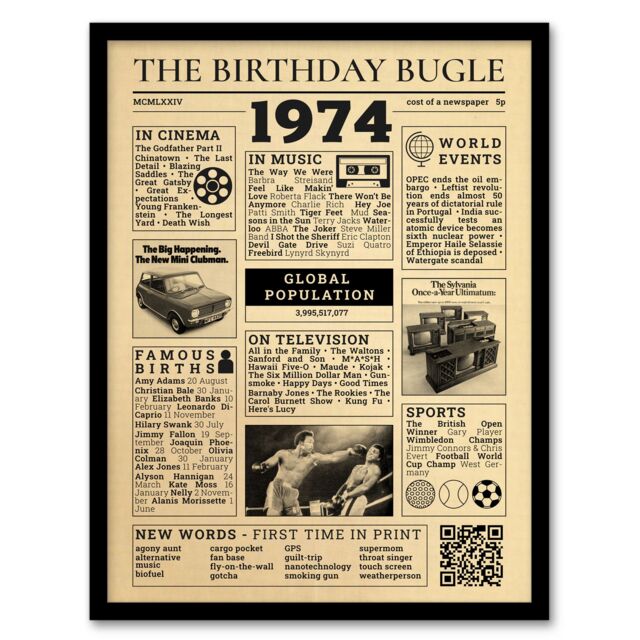 "Artery8 Wall Art Print 50th Birthday Age Anniversary Newspaper Aesthetic Born in 1974 Framed Art in Beige - Size: W12"" x H16""" - image 1