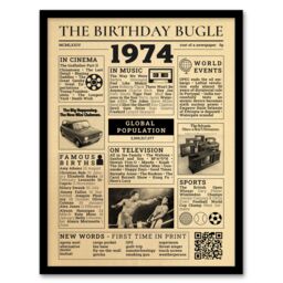 "Artery8 Wall Art Print 50th Birthday Age Anniversary Newspaper Aesthetic Born in 1974 Framed Art in Beige - Size: W12"" x H16""" - thumbnail 1