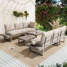 FENCHILIN Garden 5-6 Seater Sofa Set with Tables Reclining Adjustable Seating in Beige - thumbnail 2