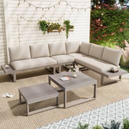 FENCHILIN Garden 5-6 Seater Sofa Set with Tables Reclining Adjustable Seating in Beige - thumbnail 3