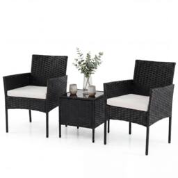 Costway Garden Conversation Set 3PCS Rattan Balcony Furniture Set w/ Cushions in Beige - thumbnail 2