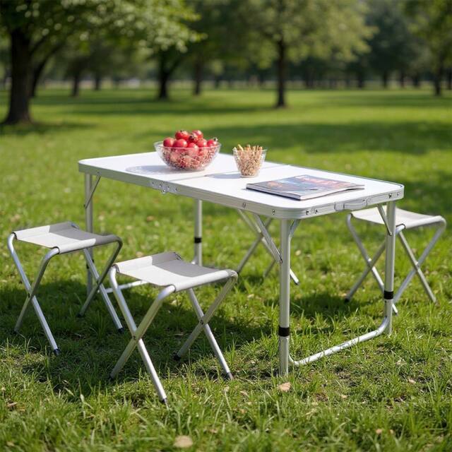 Living and Home Folding Picnic Table with 4 Stools Portable Aluminum Table Stools Set in White - image 1