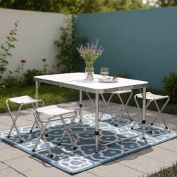 Living and Home Folding Picnic Table with 4 Stools Portable Aluminum Table Stools Set in White - thumbnail 3