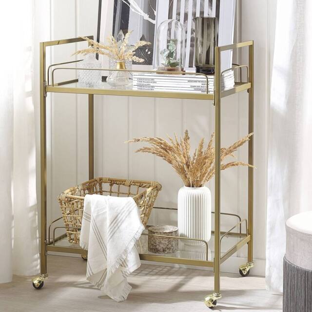 Wyld and Coco Gold Trolley Powder Coat Metal Tempered Glass Top and Shelves Castors - image 1