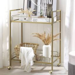 Wyld and Coco Gold Trolley Powder Coat Metal Tempered Glass Top and Shelves Castors