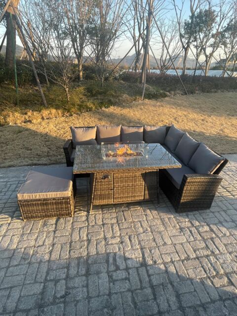 Fimous High Back Rattan Garden Furniture Sets Gas Fire Pit Dining Table Right Corner Sofa Big Footstools 7 Seater in Dark Grey - image 1