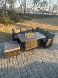 Fimous High Back Rattan Garden Furniture Sets Gas Fire Pit Dining Table Right Corner Sofa Big Footstools 7 Seater in Dark Grey - thumbnail 3