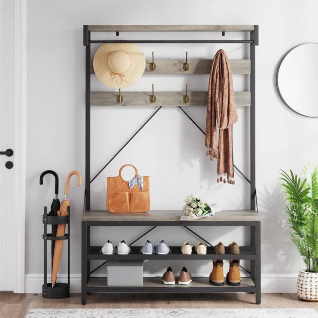 London Boutique 4-in-1 Hallway Storage Unit Coat Rack w/Shoe Bench&8-Hook Clothes Rack in Grey - image 1