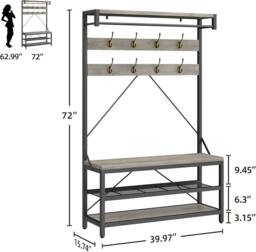 London Boutique 4-in-1 Hallway Storage Unit Coat Rack w/Shoe Bench&8-Hook Clothes Rack in Grey - thumbnail 3