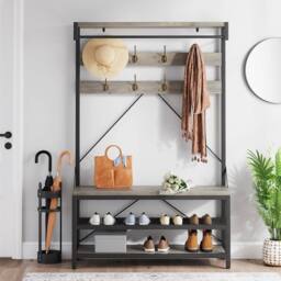 London Boutique 4-in-1 Hallway Storage Unit Coat Rack w/Shoe Bench&8-Hook Clothes Rack in Grey - thumbnail 1