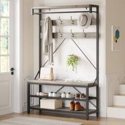 London Boutique 4-in-1 Hallway Storage Unit Coat Rack w/Shoe Bench&8-Hook Clothes Rack in Grey - thumbnail 8