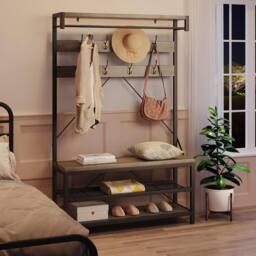 London Boutique 4-in-1 Hallway Storage Unit Coat Rack w/Shoe Bench&8-Hook Clothes Rack in Grey - thumbnail 7
