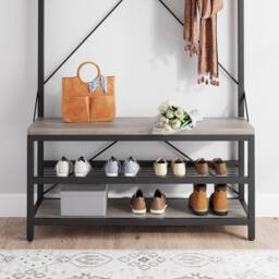 London Boutique 4-in-1 Hallway Storage Unit Coat Rack w/Shoe Bench&8-Hook Clothes Rack in Grey - thumbnail 4