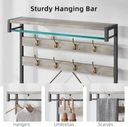 London Boutique 4-in-1 Hallway Storage Unit Coat Rack w/Shoe Bench&8-Hook Clothes Rack in Grey - thumbnail 5