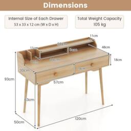 Kelvenix Home Office 120 CM Wood Study Writing Desk in Natural - Size: 0.6m2 - thumbnail 2