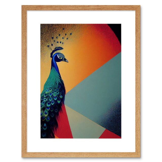 "Artery8 Wall Art Print Modern Peacock Portrait in Colourful Abstract Vibrant Orange Artwork Framed 9X7 Inch in Beige - Size: W7"" x H9""" - image 1