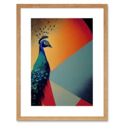 "Artery8 Wall Art Print Modern Peacock Portrait in Colourful Abstract Vibrant Orange Artwork Framed 9X7 Inch in Beige - Size: W7"" x H9""" - thumbnail 1