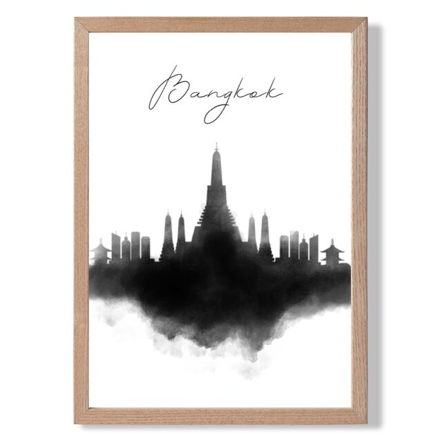 ARTZE Bangkok Watercolour Skyline City Framed Print SIZE: A4 with Oak Frame in Black - image 1
