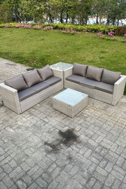Fimous 6 Seater PE Wicker Light Grey Rattan Garden Corner Sofa Sets Outdoor Patio Furniture - image 1
