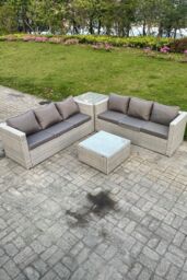 Fimous 6 Seater PE Wicker Light Grey Rattan Garden Corner Sofa Sets Outdoor Patio Furniture - thumbnail 1
