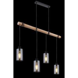 Netlighting Hadera Wood Bar Pendant Matt Black Smoke Glass Shade 4x E27 - thumbnail 5