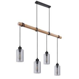 Netlighting Hadera Wood Bar Pendant Matt Black Smoke Glass Shade 4x E27 - thumbnail 2