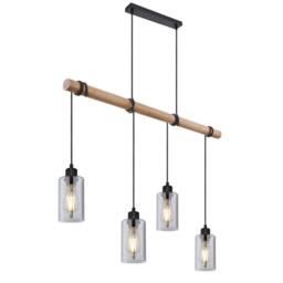 Netlighting Hadera Wood Bar Pendant Matt Black Smoke Glass Shade 4x E27 - thumbnail 1