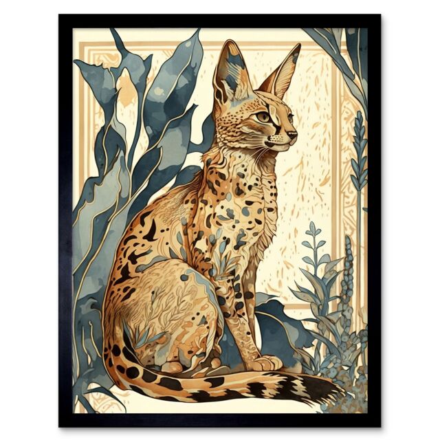 "Artery8 Wall Art Print Serval Cat with Teal Plants Watercolour Portrait Modern Art Framed in Black - Size: W12"" x H16""" - image 1