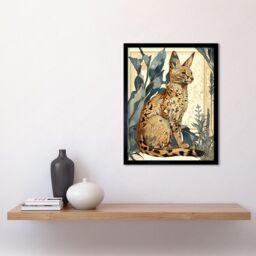 "Artery8 Wall Art Print Serval Cat with Teal Plants Watercolour Portrait Modern Art Framed in Black - Size: W12"" x H16""" - thumbnail 2