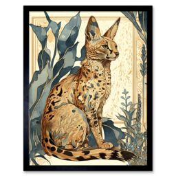 "Artery8 Wall Art Print Serval Cat with Teal Plants Watercolour Portrait Modern Art Framed in Black - Size: W12"" x H16""" - thumbnail 1