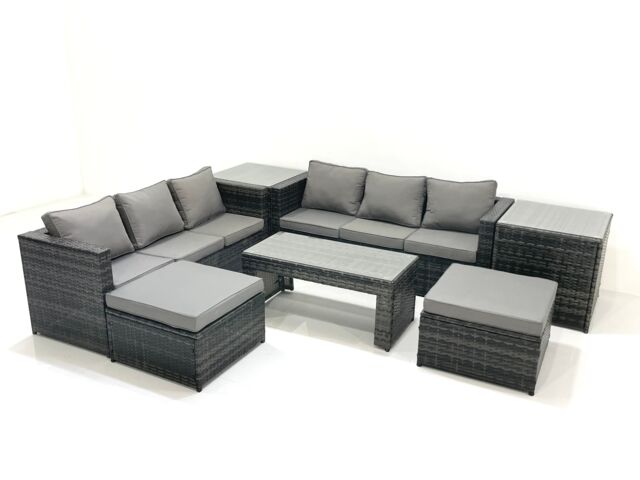 Fimous Garden Outdoor Rattan Furniture Set with Sofa Coffee table 2 Big Footstools 2 Side Tables Dark Grey Mixed - image 1