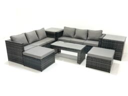 Fimous Garden Outdoor Rattan Furniture Set with Sofa Coffee table 2 Big Footstools 2 Side Tables Dark Grey Mixed - thumbnail 2