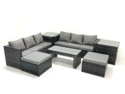 Fimous Garden Outdoor Rattan Furniture Set with Sofa Coffee table 2 Big Footstools 2 Side Tables Dark Grey Mixed - thumbnail 1